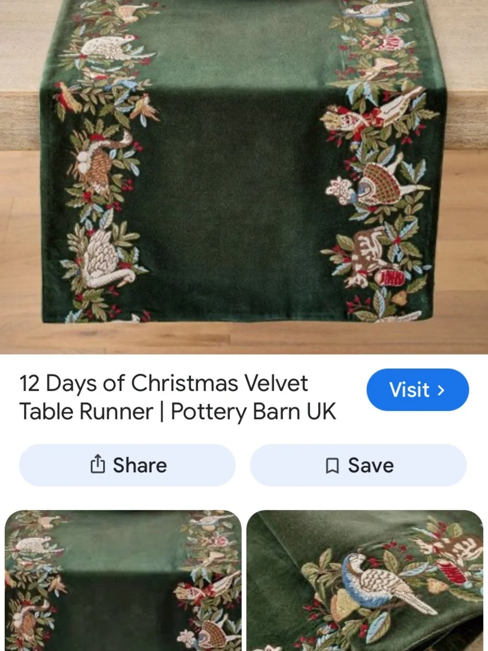 Embroidered Velvet Table Runner in Deep Forest Green.. pottery barn runner